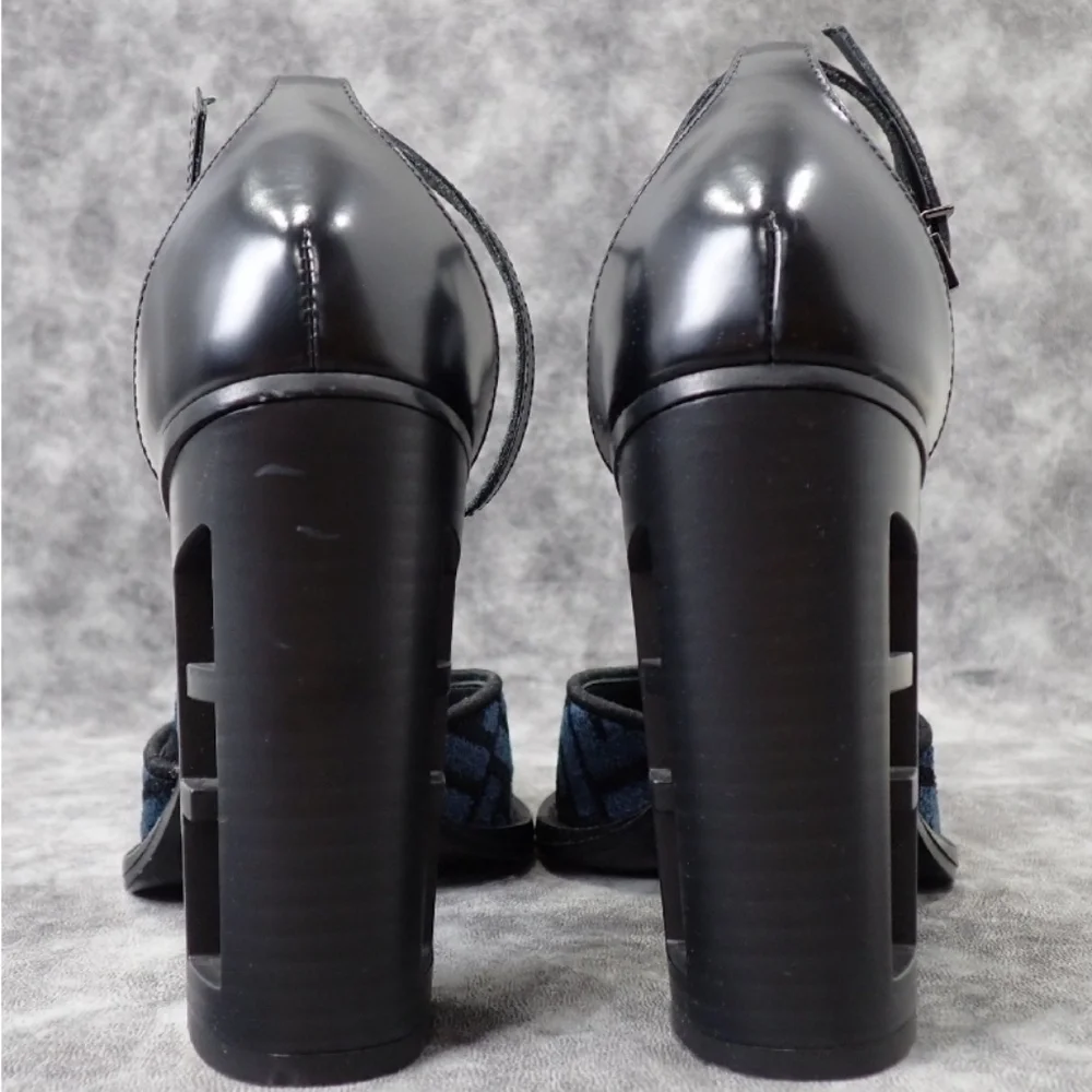 Fendi  FF Chenille Velvet D'Orsey Pumps Black and Blue Patterned Heels - Picture 3 of 5